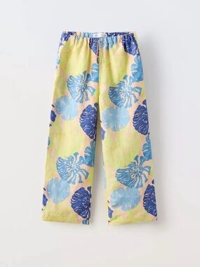 Zara Kids Floral Linen Blend Trousers Elastic Waist Size 7